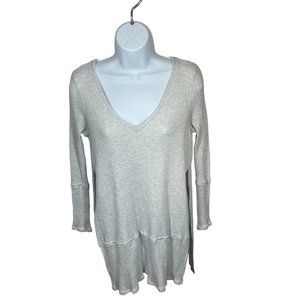 Free People Long Sleeve V Neck Tunic Split Hem Ribbed Top Gray Size Small